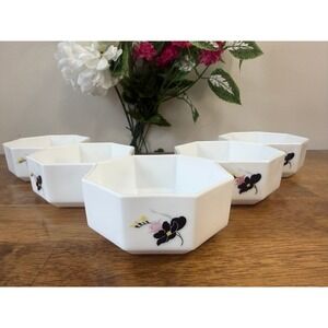 Vintage Arcopal France Anaïs Milk Glass Octagonal Soup Bowls Floral Set